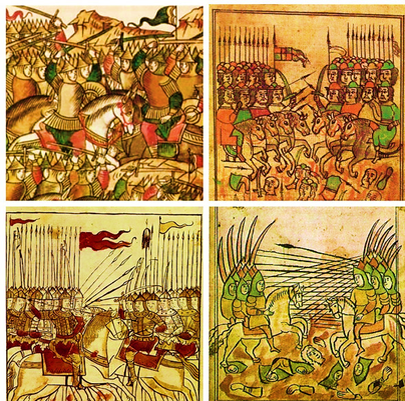 Изображения битв русских полков с «татаро-монголами» из летописей и на фресках. С обеих сторон – одинаковые воины, что доказывает междоусобный характер этих столкновений.