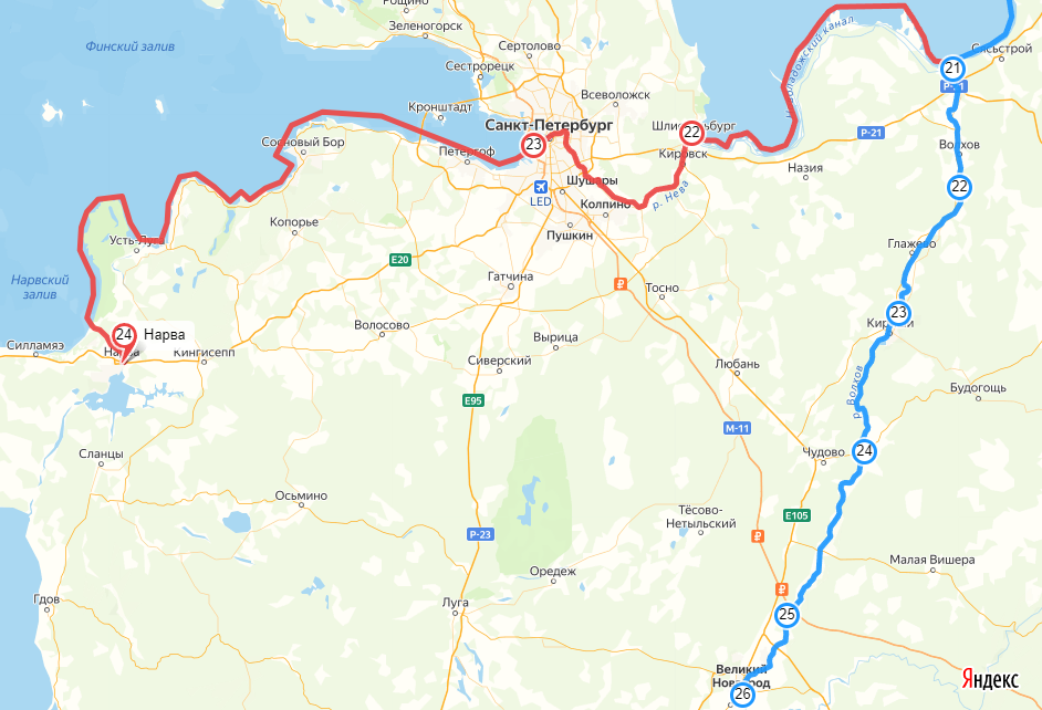 Красным – предполагаемый реальный маршрут Соутэма и Спарка от Ладожского озера.