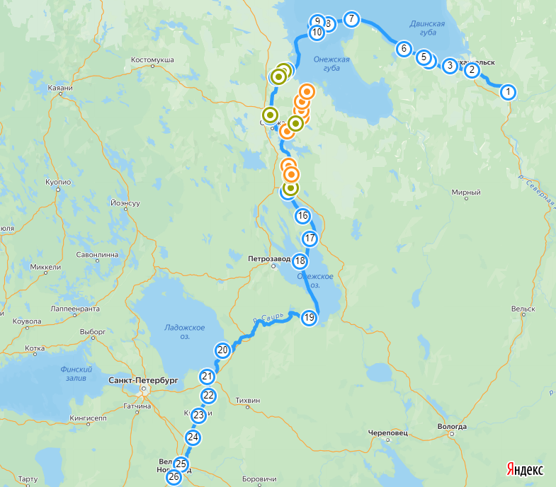 Синим указан маршрут Соутэма и Спарка из Холмогор (1) до В. Новгорода (26). Зеленым указаны волоки на маршруте. Оранжевым – комментарии будут даны ниже.
